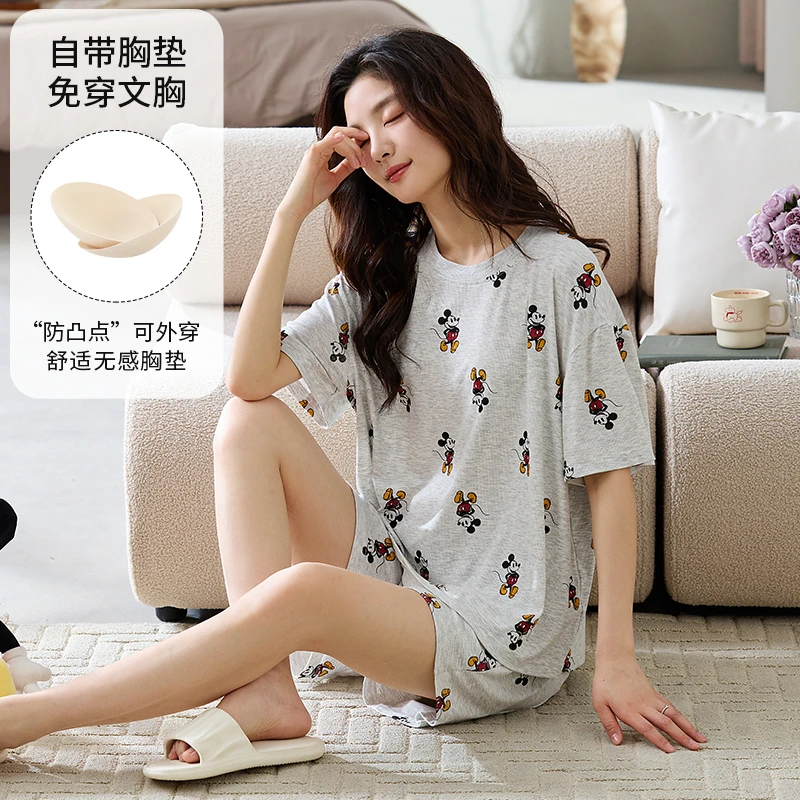 Disney/迪士尼套头短袖短裤睡衣带胸垫凉感冰丝舒适家居服0099