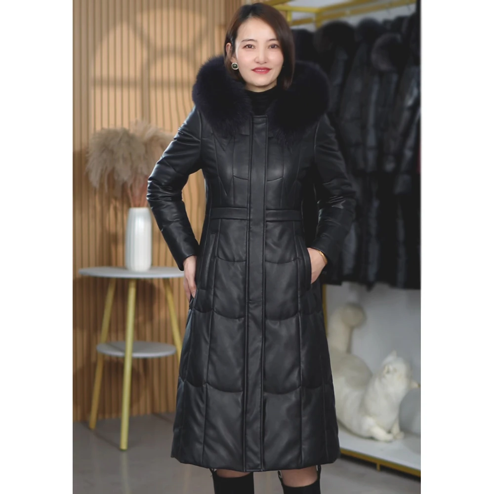 25新款海宁真皮羽绒服女长款修身显瘦狐狸毛领连帽绵羊皮皮衣外套