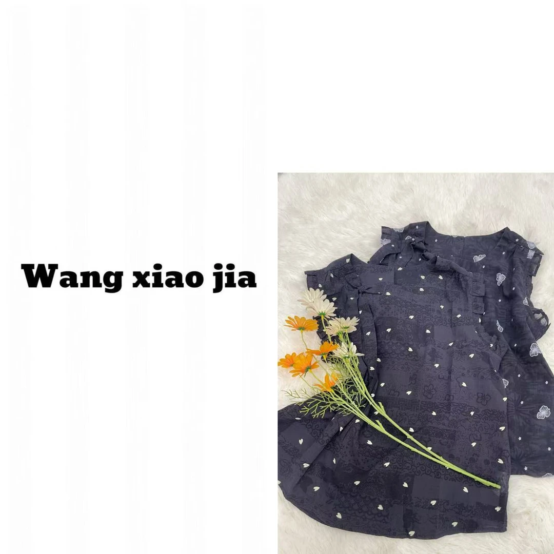 【王晓家】新款洋气圆领复古飘带印花小衫【深色掉色介意勿拍】