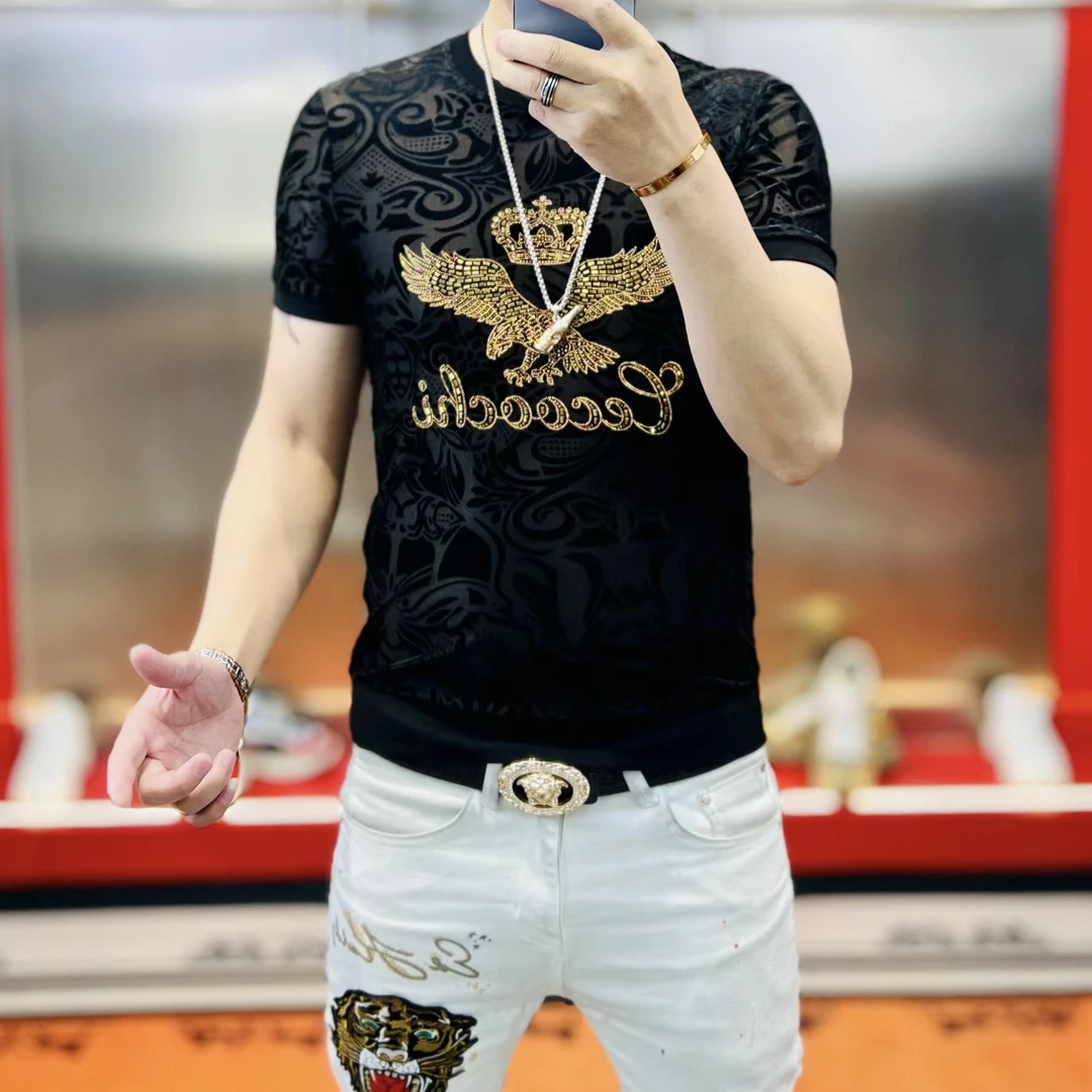 夏季新款满版暗纹提花亮片植绒时尚百搭修身显瘦男士冰丝短袖T恤