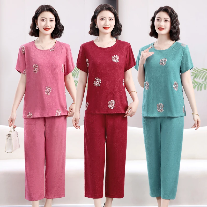 2025新中式时尚妈妈装夏季短袖七分裤气质洋气休闲居家套装中年