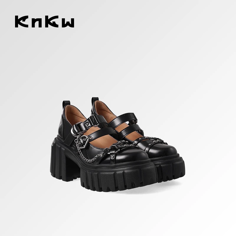 KNKW时尚朋克休闲玛丽珍鞋2025春夏季粗跟圆头百搭女鞋W4108E099