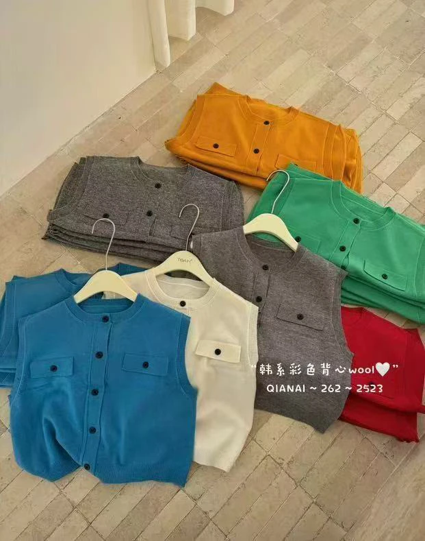 蜜地苏拉&春季黑扣彩色无袖绵羊毛背心马甲两口袋叶上衣#6480