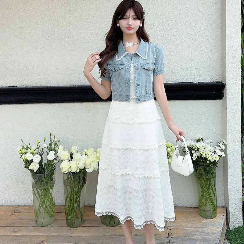 春夏新款超火牛仔短外套蕾丝吊带裙温柔风仙女裙蛋糕裙套装两件套