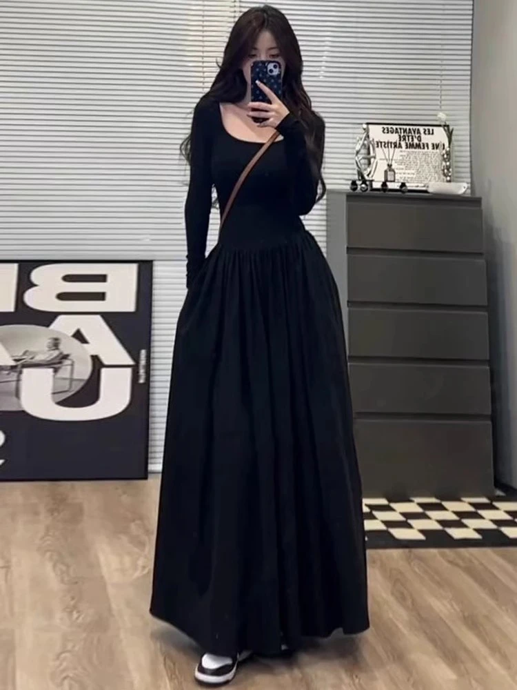 黑色短袖连衣裙女夏季新款修身休闲小个子高腰显瘦收腰a字长裙