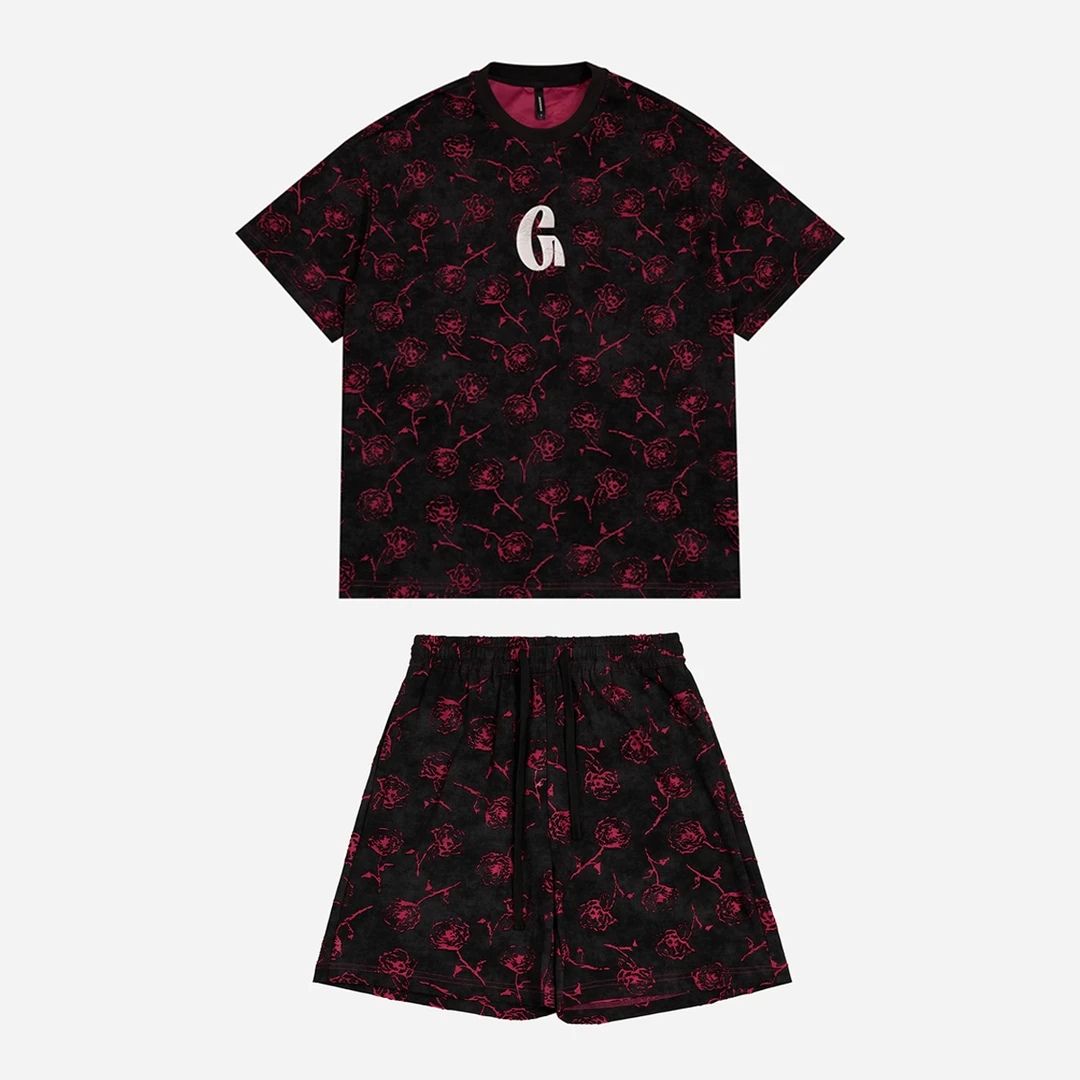 GGAHOLIDAY夏季复古时尚休闲宽松潮流蜡染满印短裤套装-152575/96