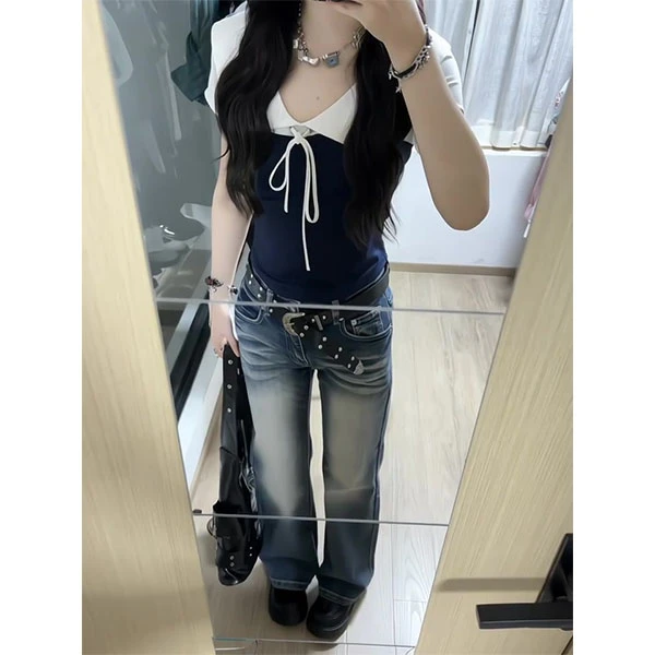 夏季新款设计感宽松休闲百搭短袖T恤女撞色拼接V领上衣+裤子套装