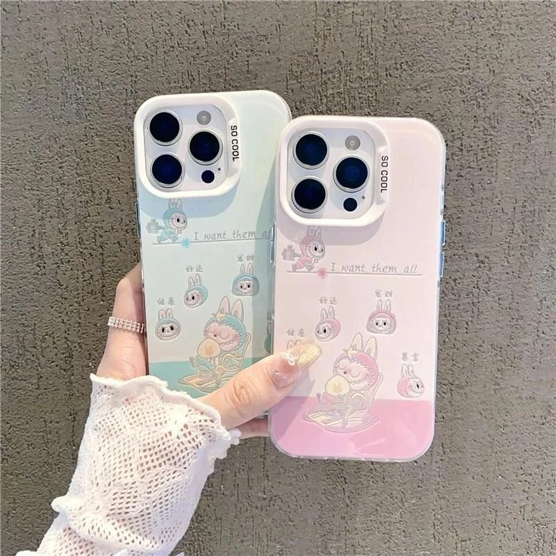 粉蓝底好运拉布布适用华为vivo小米oppo荣耀苹果16手机壳15镭射14