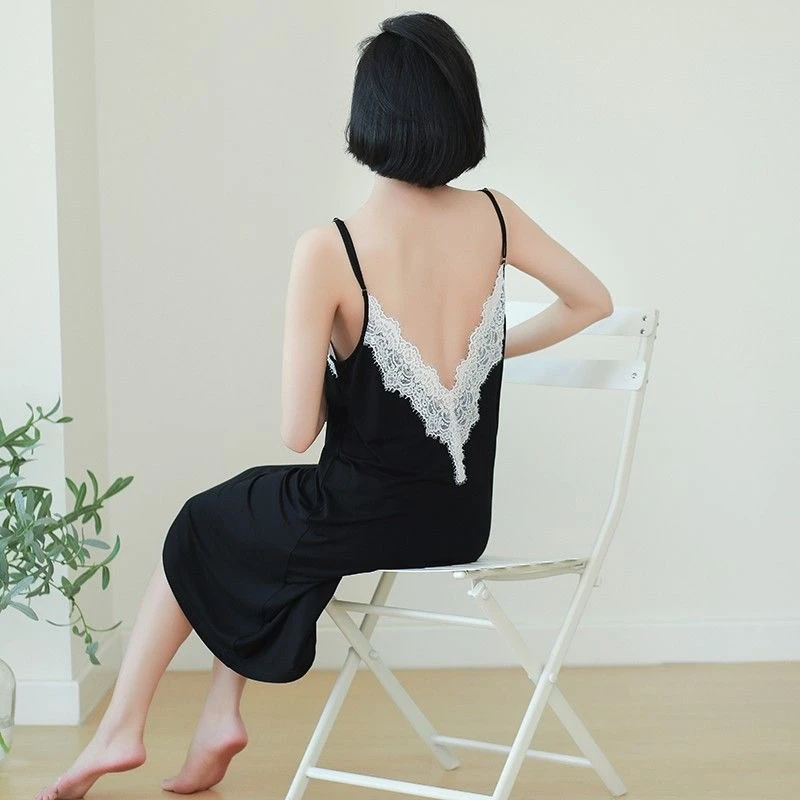 吊带睡裙夏季女款带胸垫黑色蕾丝露背性感睡衣胖连衣裙宽松家居服