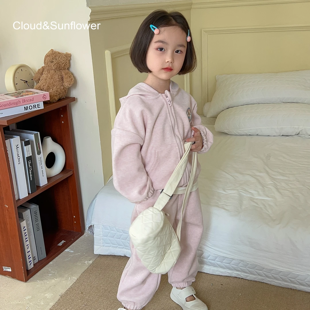 【云朵小葵】女童秋季连帽圆标粉色小熊运动休闲套装1112835