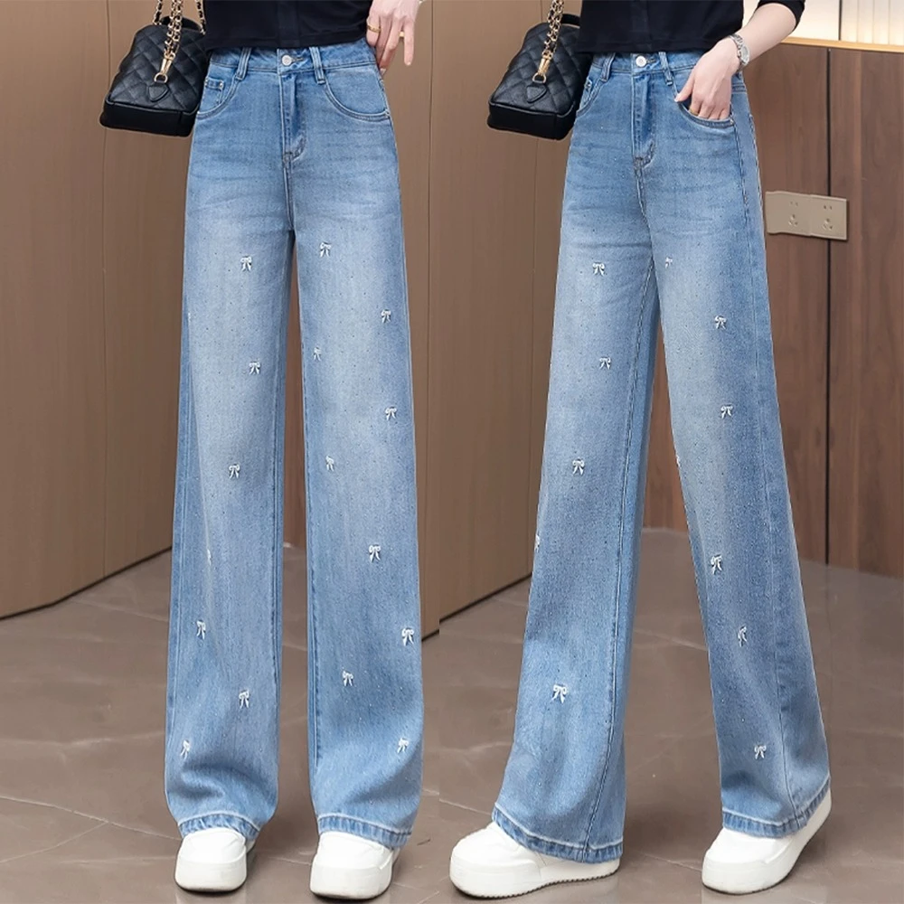 浅蓝色阔腿牛仔裤女春夏2025新款时尚刺绣高腰宽松垂感休闲直筒裤