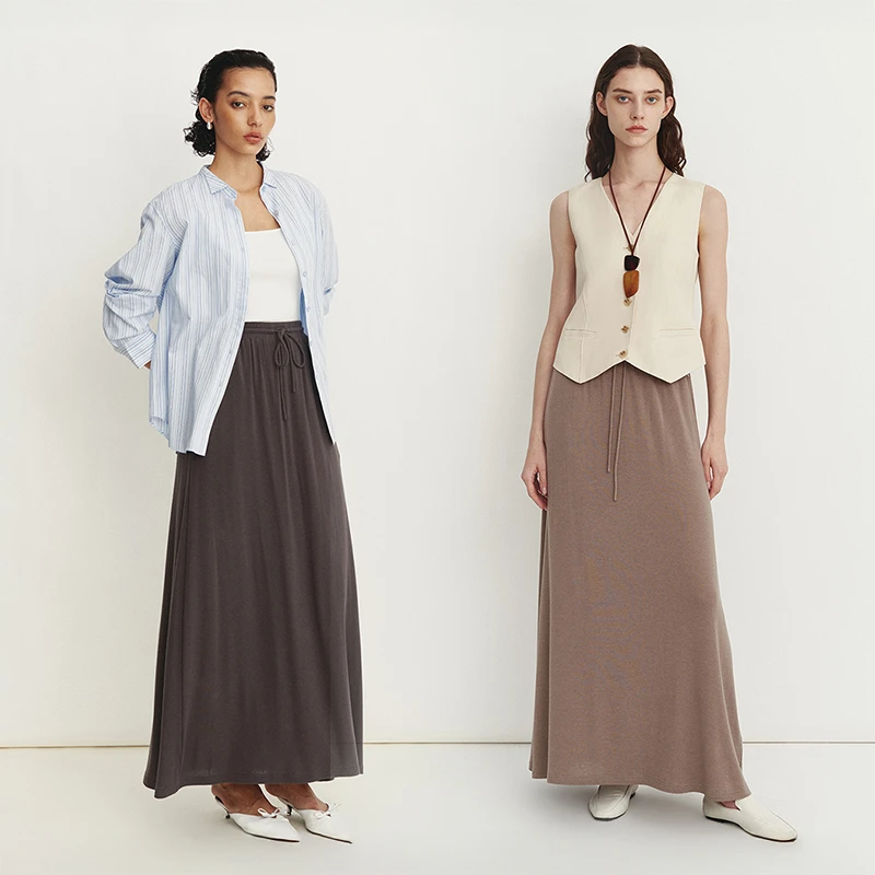 【Fabrique】 Atlan 春夏新款奶茶棕莱赛尔抽绳松紧腰微透针织半裙