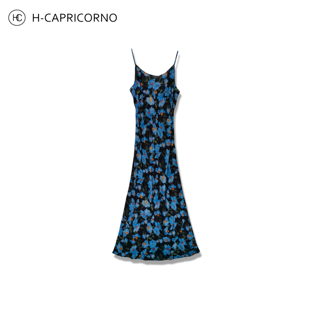 H-CAPRICORNO 桑蚕丝蓝色妖姬花朵吊带连衣裙
