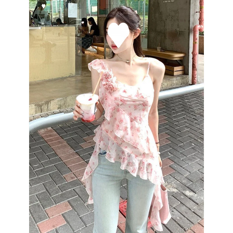 夏季新款碎花雪纺衫女法式荷叶边辣妹吊带上衣不规则下摆修身显瘦