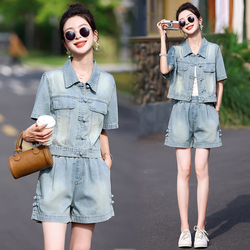 新中式风牛仔套装女薄款2025夏季新款小个子盘扣阔腿短裤两件套