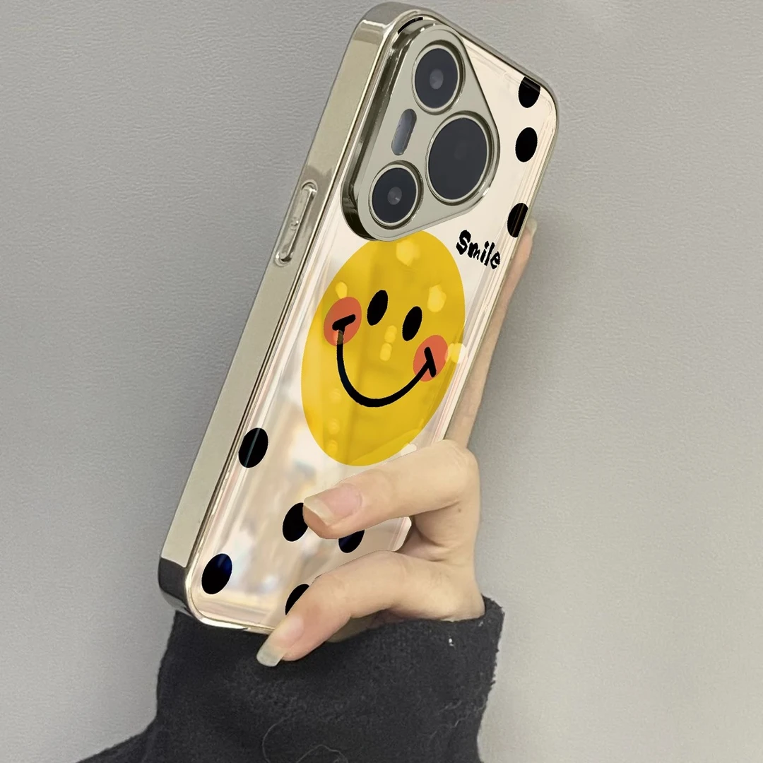 适用华为pura70pro手机壳电镀玻璃波点笑脸高级感全包防摔P60新款