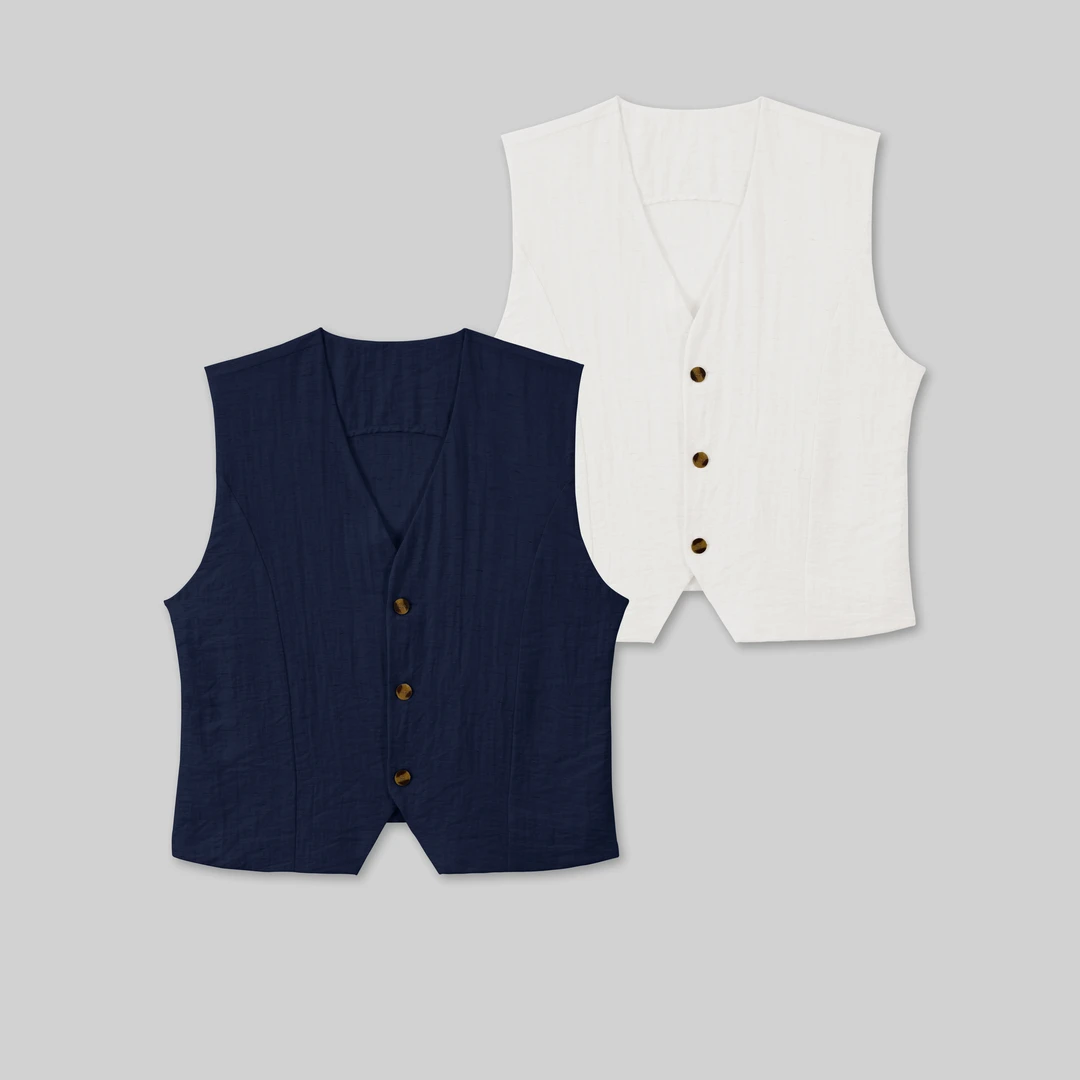 亚麻140克【女士】单排扣纽扣气质轻奢复古无袖御姐风马甲5354