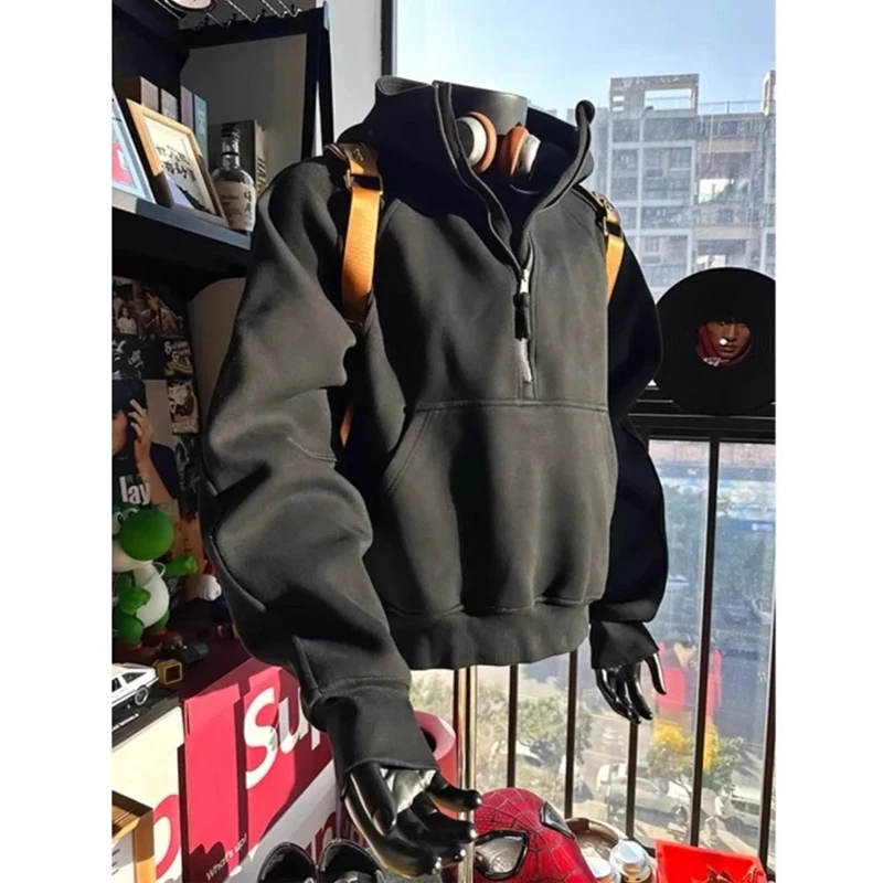 美式复古半拉链立领卫衣男款春季解构外套cleanfit重磅硬挺连帽衫