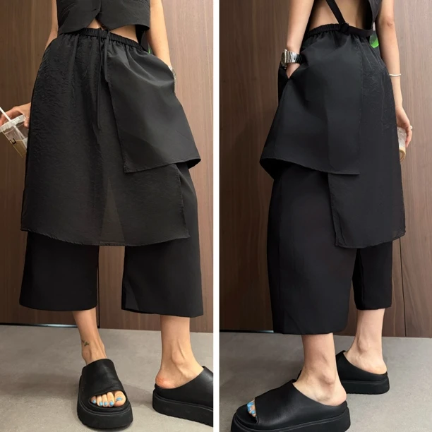 Aila｜夏季爆款八分裤假两件休闲裤子女拼接裤裙