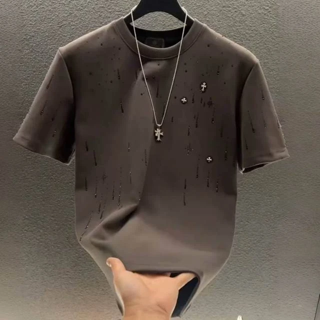 短袖T恤男2025新款夏季痞帅潮牌星满钻圆领上衣美式重磅休闲体恤