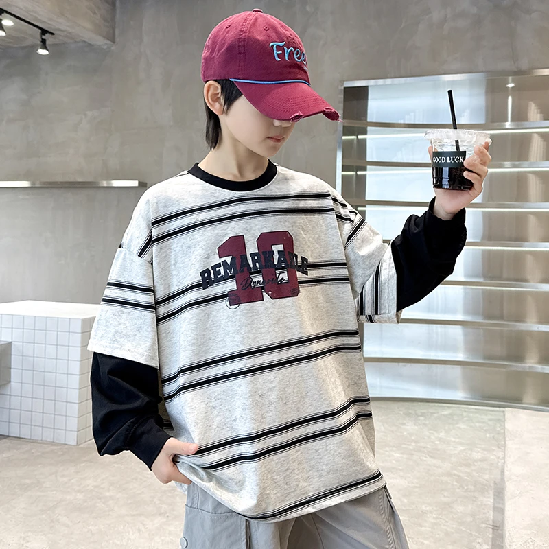 童装男童春季新款假两件T恤