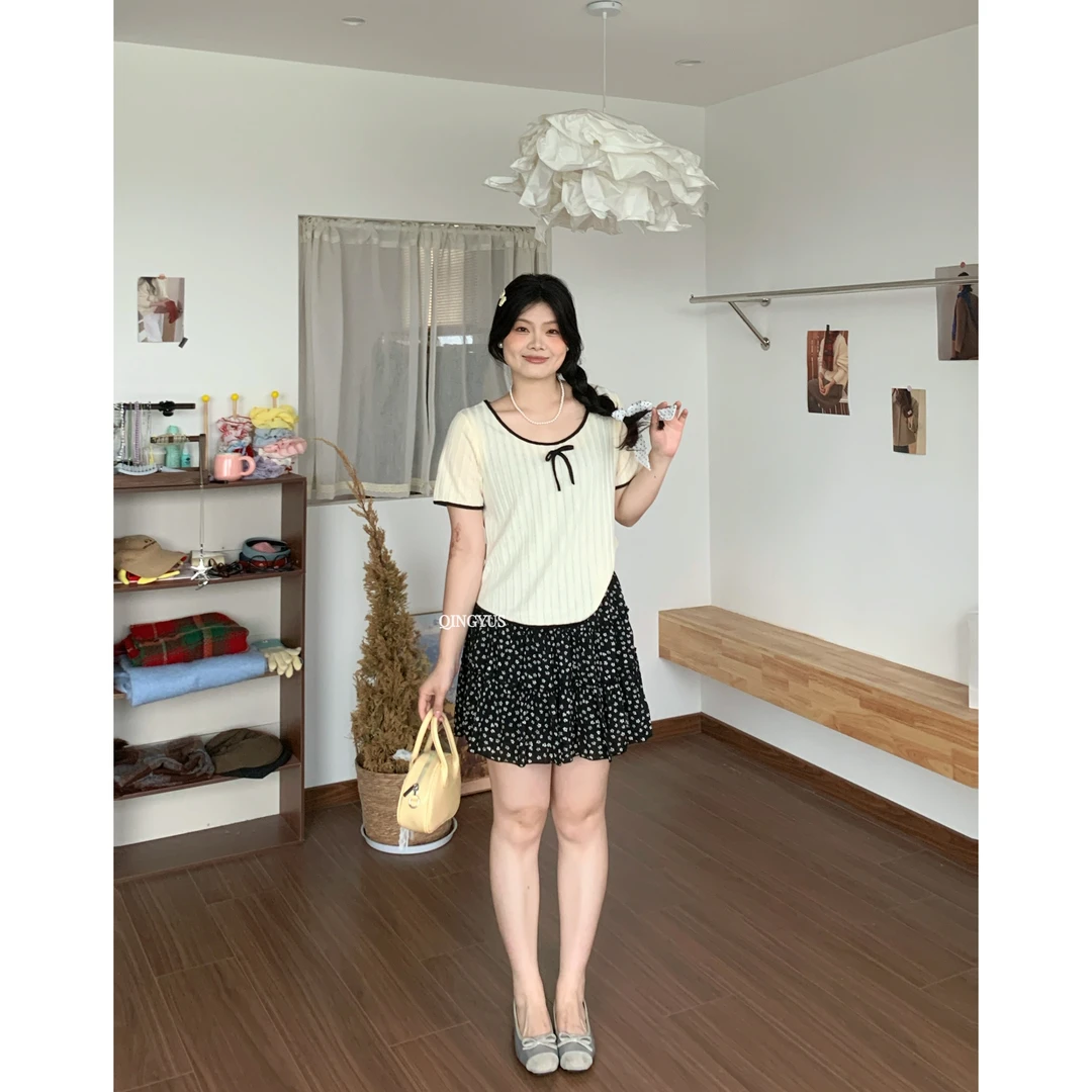 青屿衫-小香风蝴蝶系带针织衫撞色修身显瘦上衣微胖春季大码女装