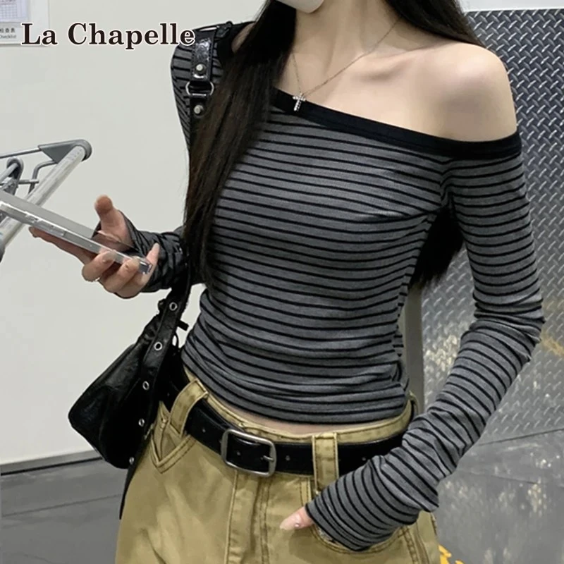 拉夏贝尔斜领条纹长袖T恤女秋冬季新款修身百搭露锁骨打底衫上衣