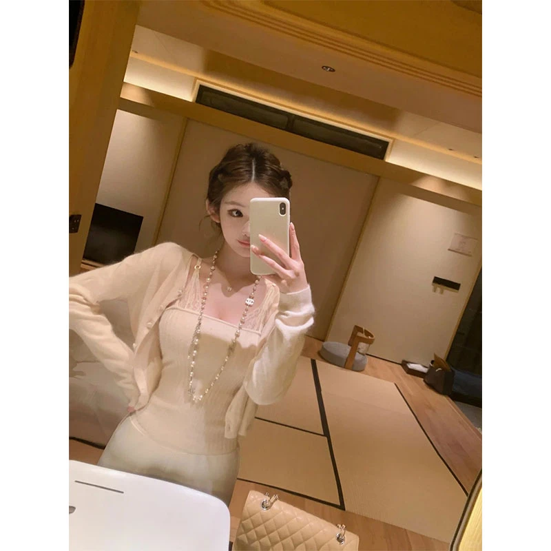 内搭吊带背心2025秋季新款薄款防晒开衫上衣纯欲性感修身裤子套装