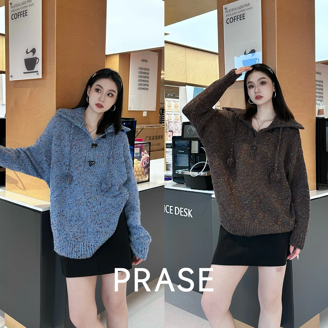 PRASE·噜【彩虹豆】微胖绵羊毛翻领时尚复古慵懒毛球毛衣PR511C13