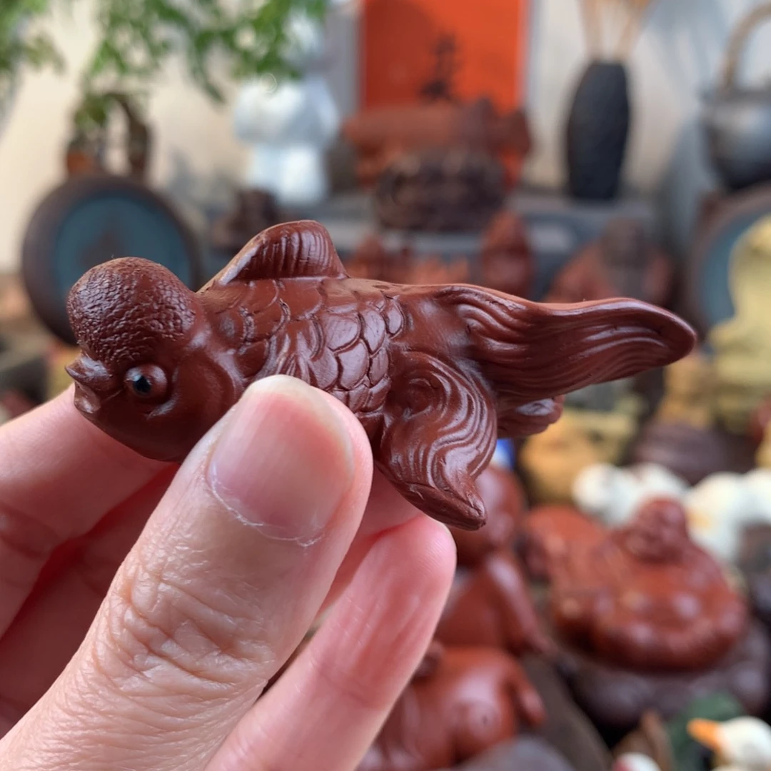 紫砂茶宠鸿运当头小金鱼朱泥大红袍