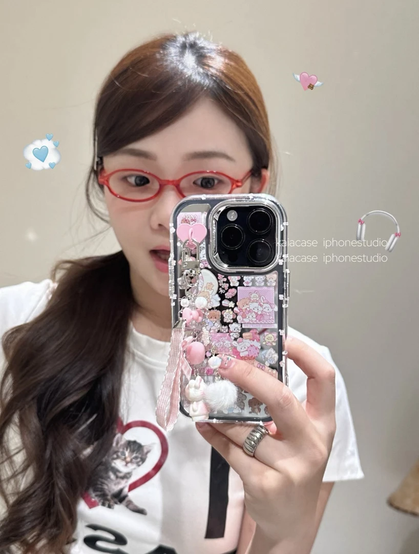 甜美少女粉卡通甜品猫咪镜面适用苹果16promax手机壳iphone13