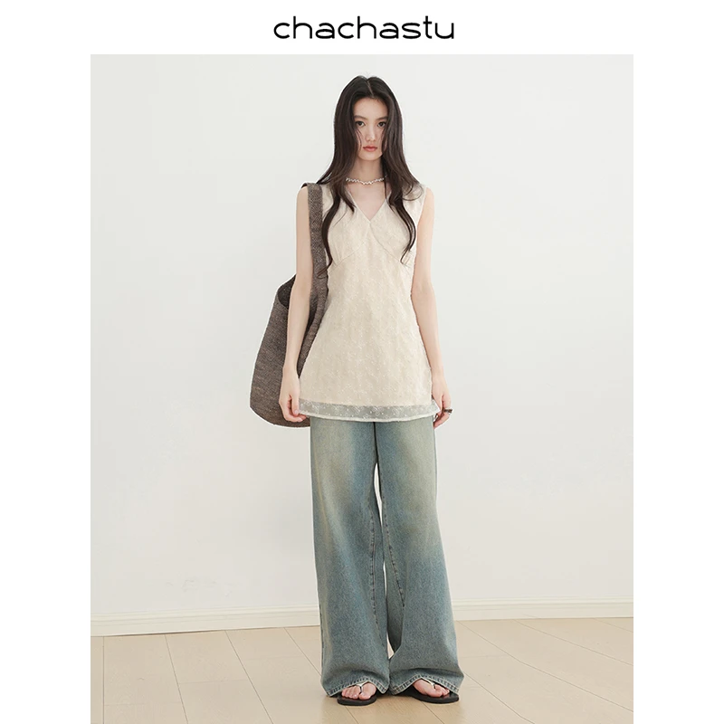CHACHASTU 法式无袖V领刺绣系带背心吊带女显瘦套头上衣ZRS1564