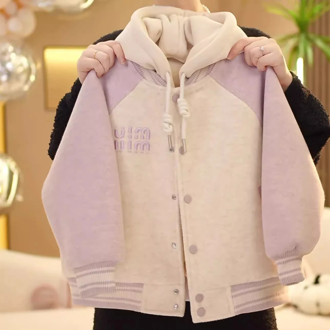 女童加厚外套秋冬款2024新款中大童拼色夹棉连帽棒球服二棉棉服潮