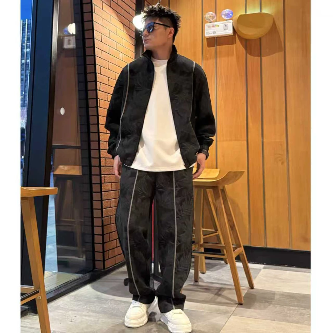 秋季新款印花面料拉链卫衣外套立领明线车线休闲运动时尚宽松套装