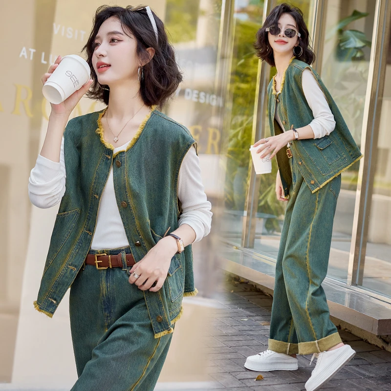 韩系复古马甲牛仔套装女2025年秋季新款设计感毛边阔腿裤两件套