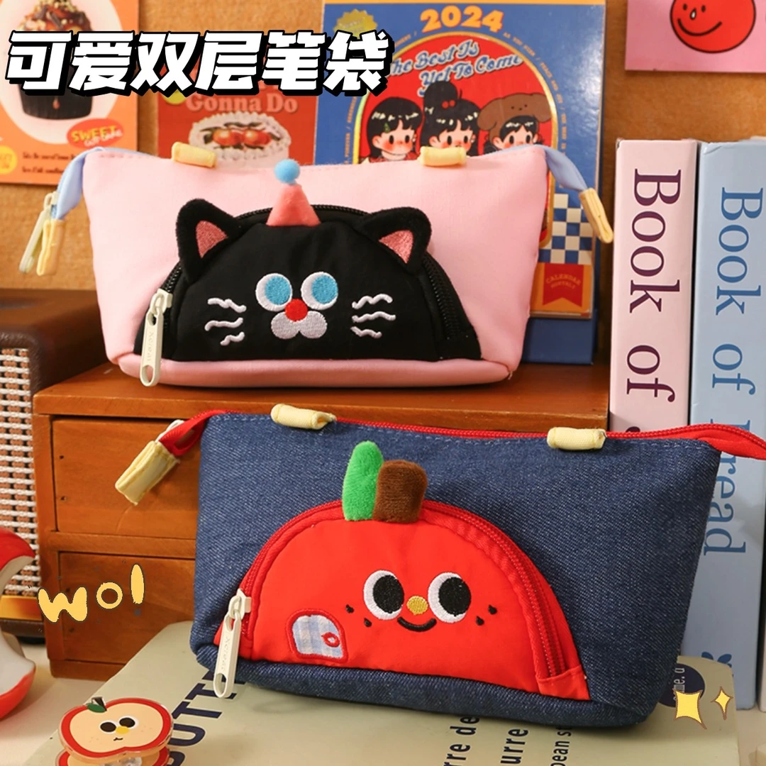 多功能三角笔袋大容量学生苹果牛仔文具袋女孩儿童女生猫咪铅笔袋