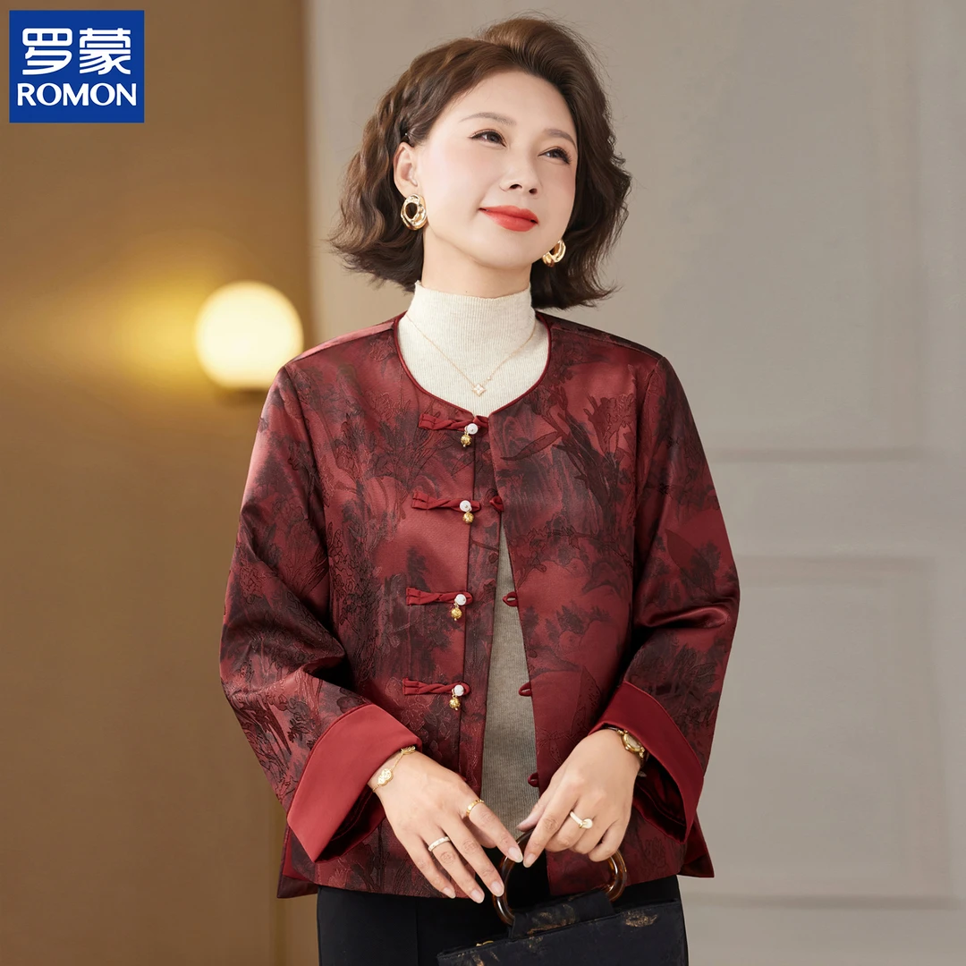 罗蒙妈妈秋装新中式外套中老年女装圆领上衣新款秋季喜婆婆婚宴装