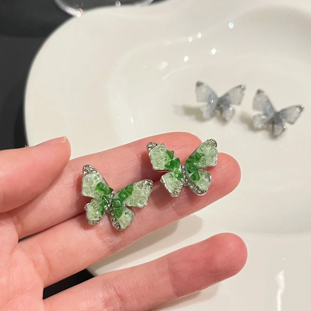 铜合金仿水晶耳饰 s925银碎冰蝴蝶耳环绿色高级感气质耳钉 E0038