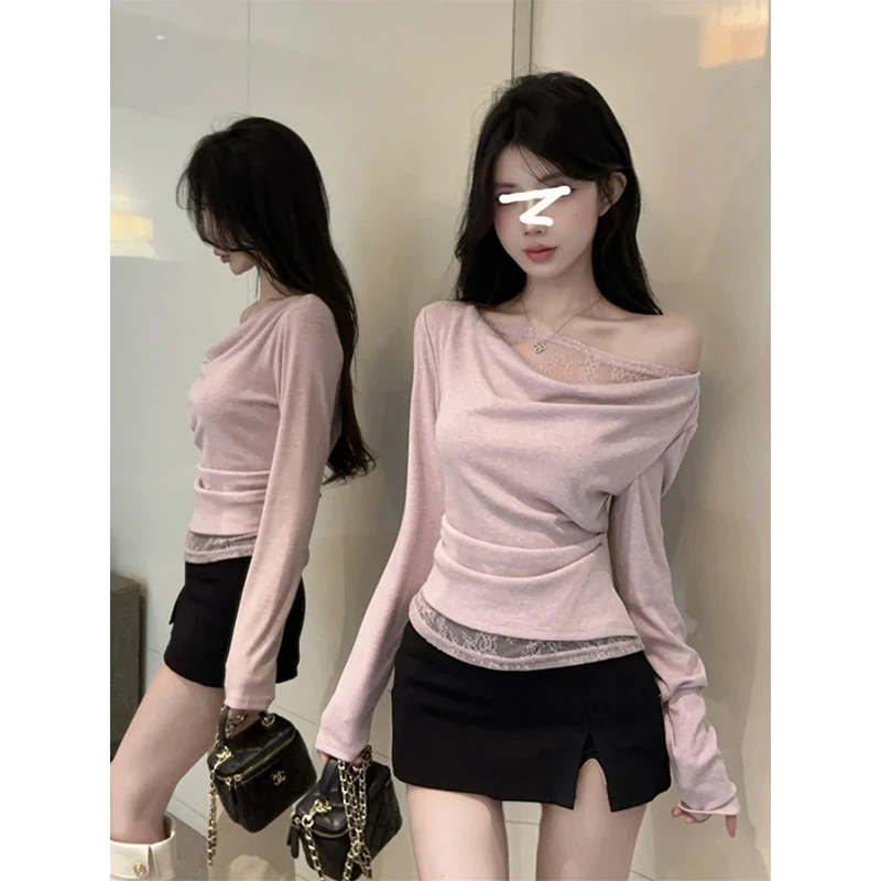 性感蕾丝假两件荡领辣妹长袖t恤打底衫女春秋冬褶皱修身显瘦上衣