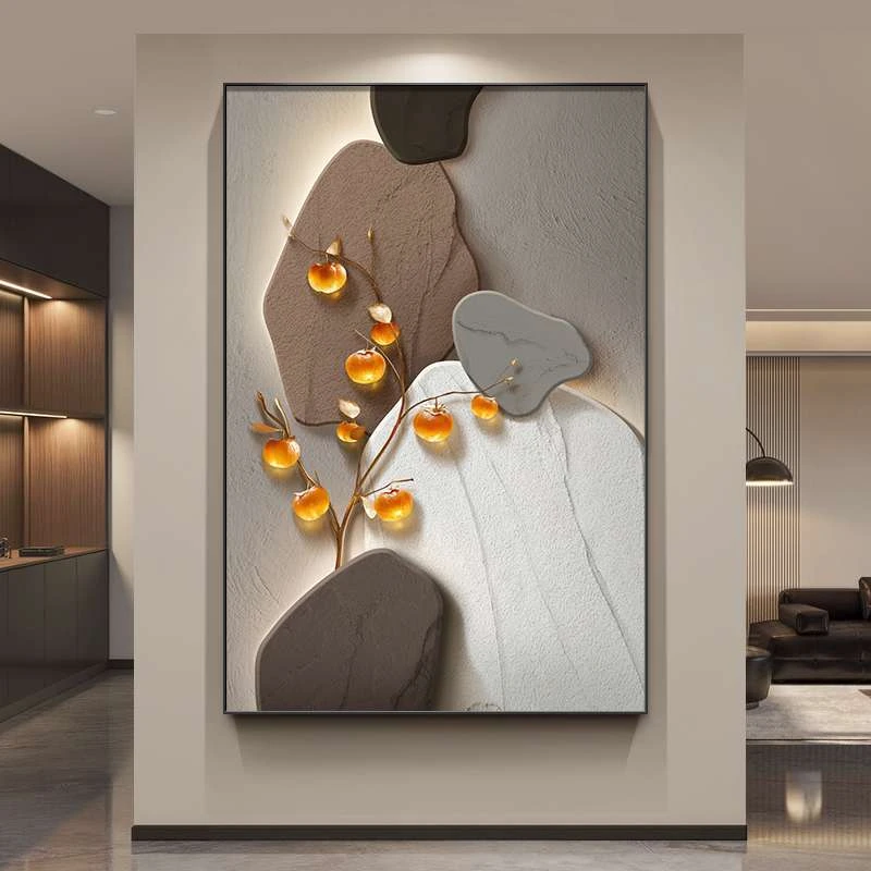 轻奢石来运转客厅装饰画高级感玄关挂画柿柿如意沙发背景墙落地画