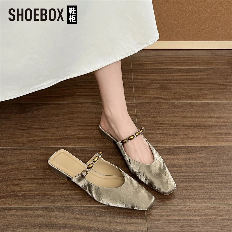 SHOEBOX鞋柜新款夏季无后跟方头穆勒鞋包头凉拖鞋女夏半拖单鞋