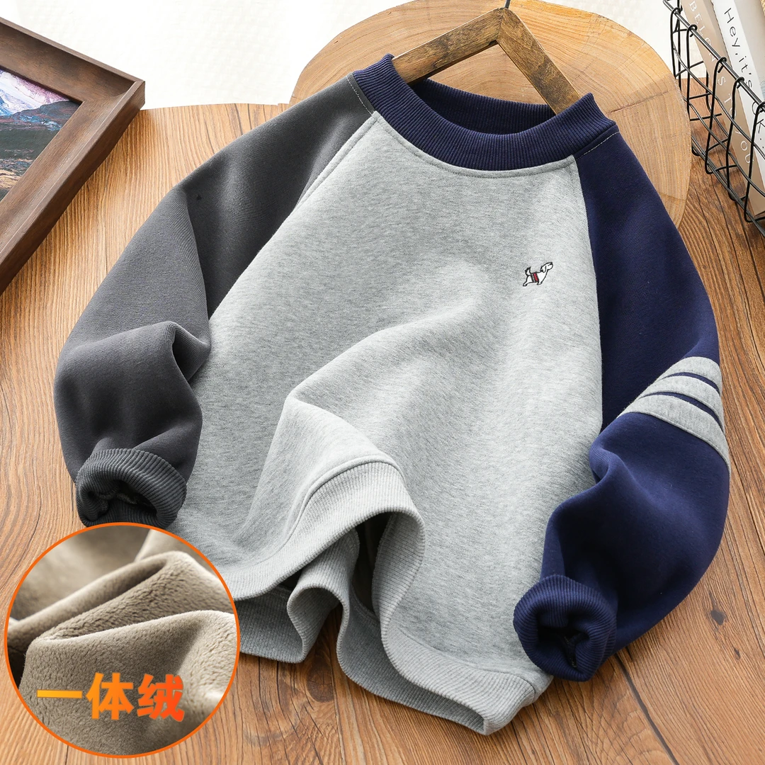 男童加厚加绒卫衣早春装2025新款儿童一体绒保暖套头上衣男孩打底