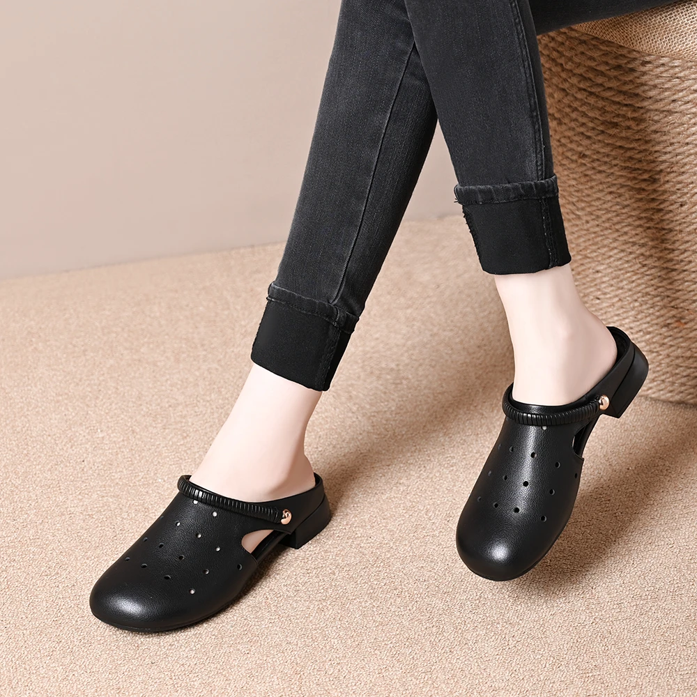 2025夏季新款两穿包头半拖鞋女透气打孔圆头百搭粗跟时尚外穿凉拖