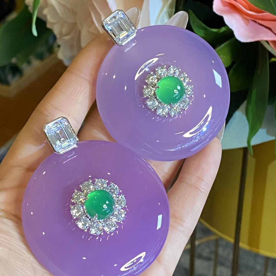 925银镶嵌天然紫色玉髓平安扣吊坠国风气质显白百搭耐看