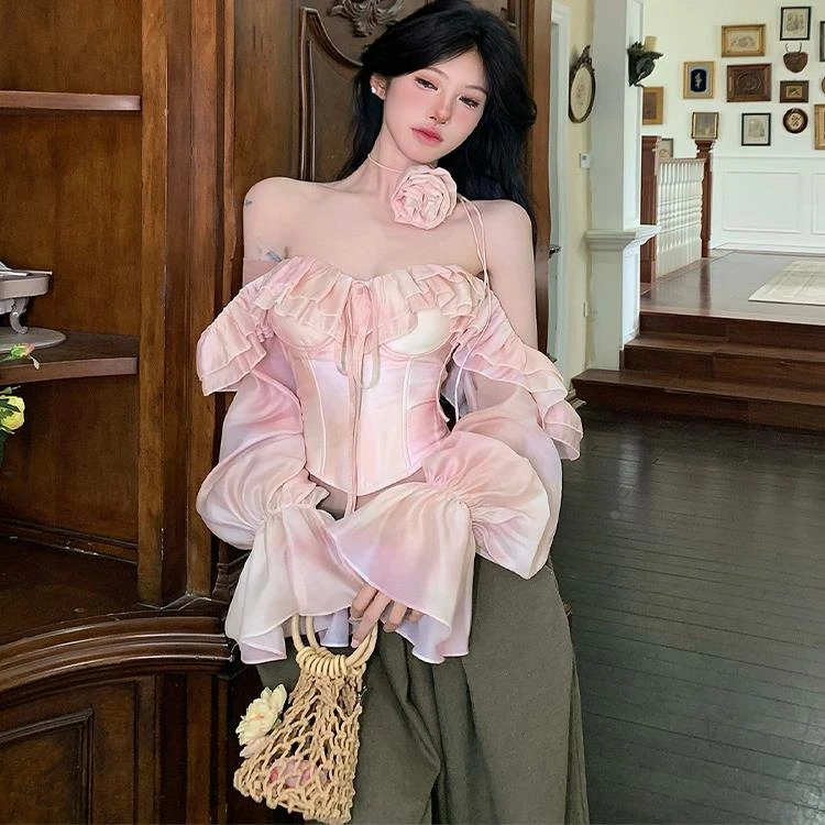 纯欲风一字肩荷叶边鱼骨收腰上衣女夏季辣妹性感修身长袖短款上衣