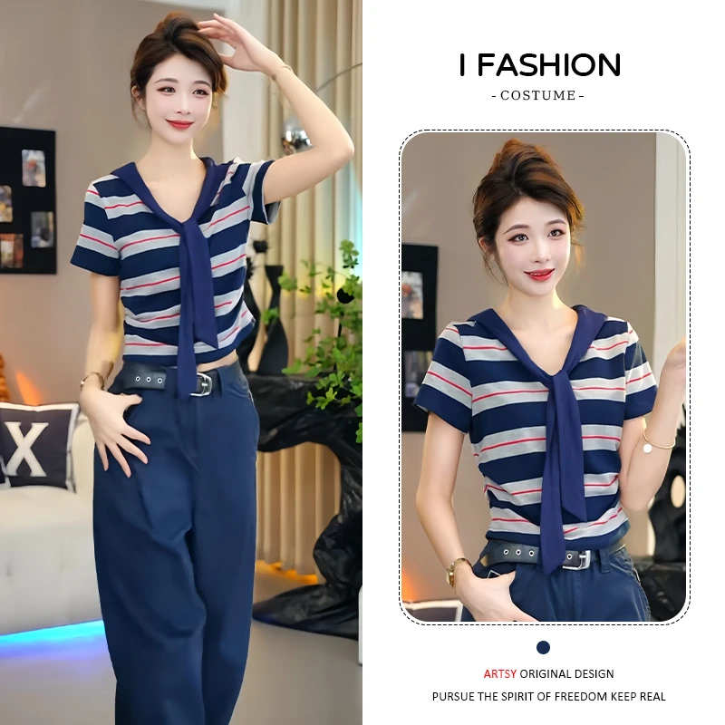 高含棉通勤时尚条纹短袖t恤女2026夏季新款百搭小众显瘦拼接上衣