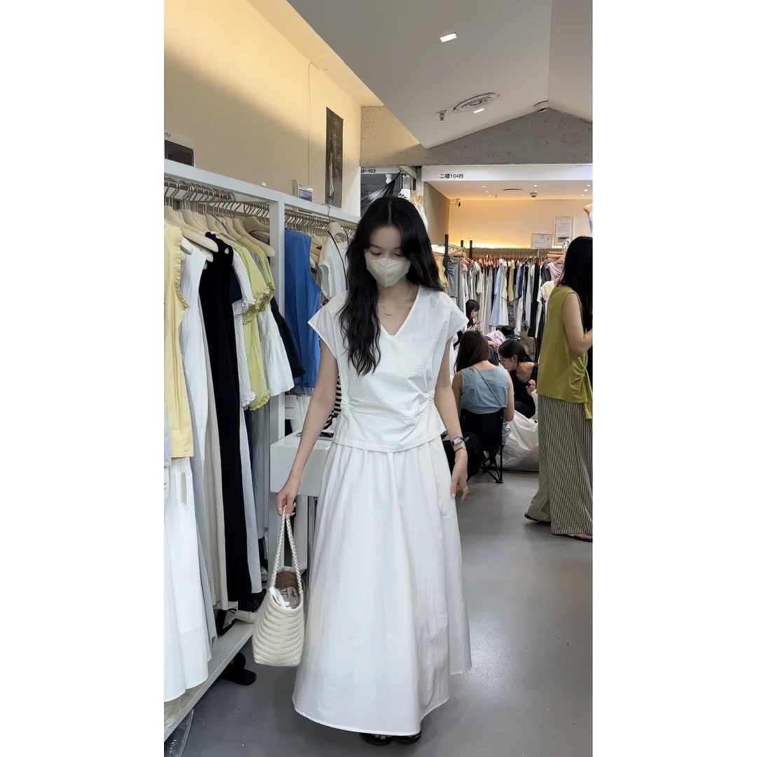 N6383#（两件套）韩系设计V领衬衫上衣+松紧腰半身裙