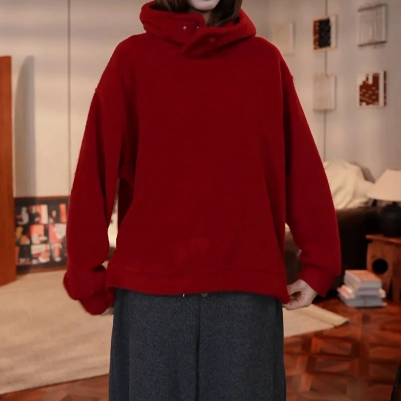 休闲风简约红色长袖连帽卫衣女秋冬新款宽松遮肉保暖大码帽衫上衣