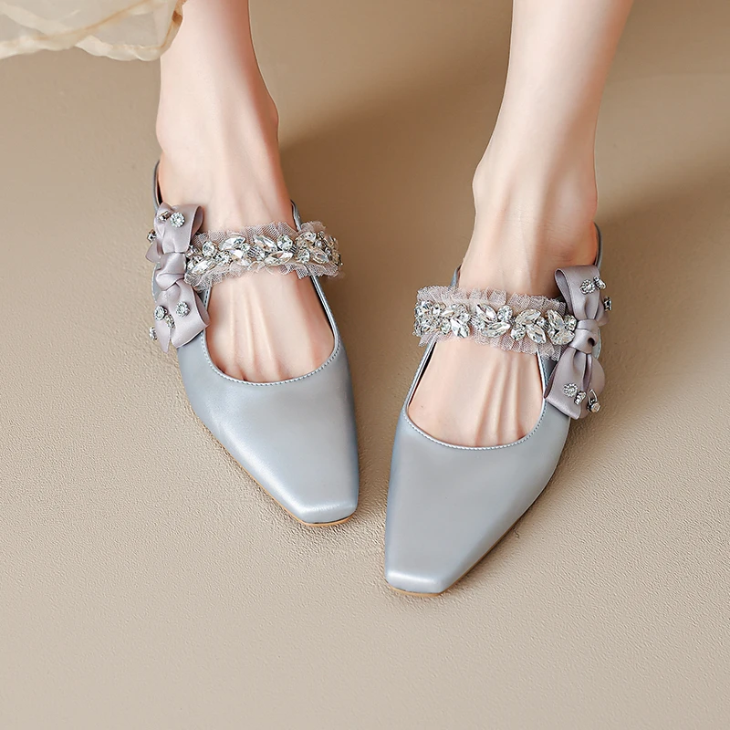 法式小方头凉拖气质一字带水钻包头鞋女冰丝内增高蝴蝶结半拖鞋