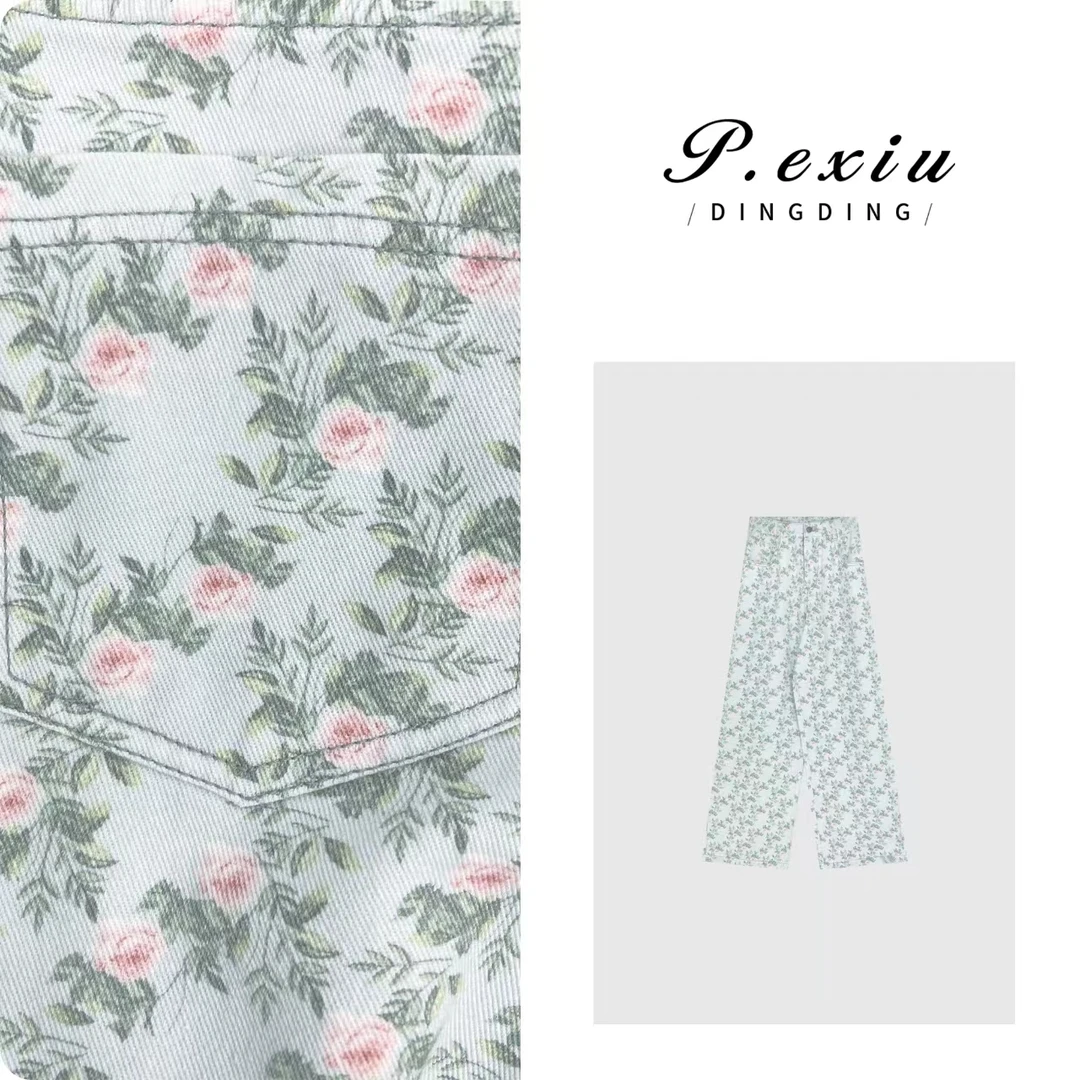 PanYiXiu/潘依绣【花园日记】100%棉花朵满印直筒牛仔裤 D6579